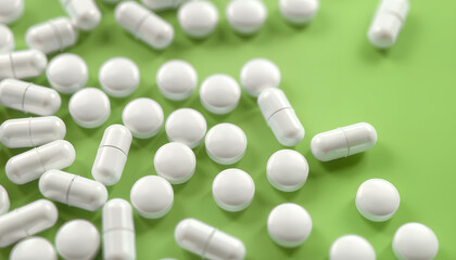 Close up of white pills or aspirin tablets on green background with pharmacy and medical concept. White capsule or drugs. 3D rendering isolated with white highlights, png