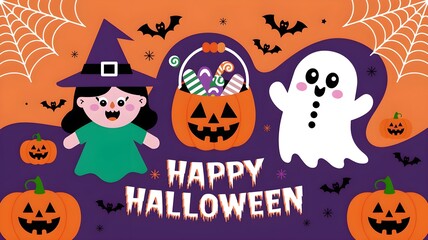 Cheerful Halloween flag. Animation witch, kawaii phantom and desserts pail. October party or harvest time occasion merry vector level flag, fall season repulsiveness banner. Halloween Concept.
