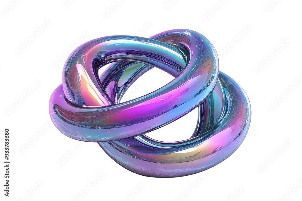Poster abstract 3d rendering of a colorful, shiny, interlocking knot with an iridescent finish, isolated on