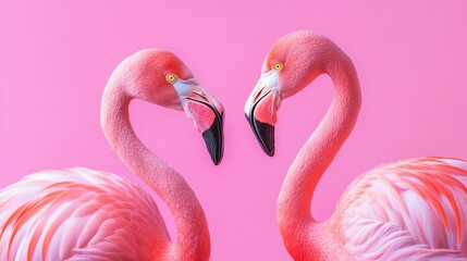 Naklejka premium Two pink flamingos facing each other, forming the shape of a heart on a pastel background