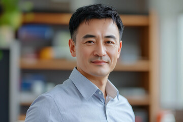 Obraz premium chinese, office, happy, portrait of a businessman in his 40s, looking at the camera, random clothes. modern style