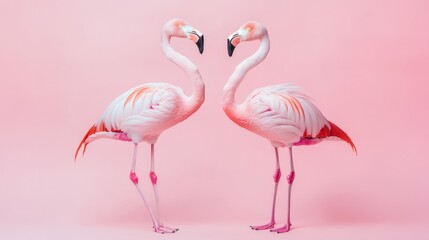 Obraz premium Two pink flamingos in love, against a pink background
