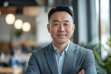 Obraz premium chinese, office, happy, portrait of a businessman in his 40s, looking at the camera, random clothes. modern style