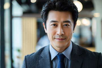 chinese, office, happy, portrait of a businessman in his 40s, looking at the camera, random clothes. modern style