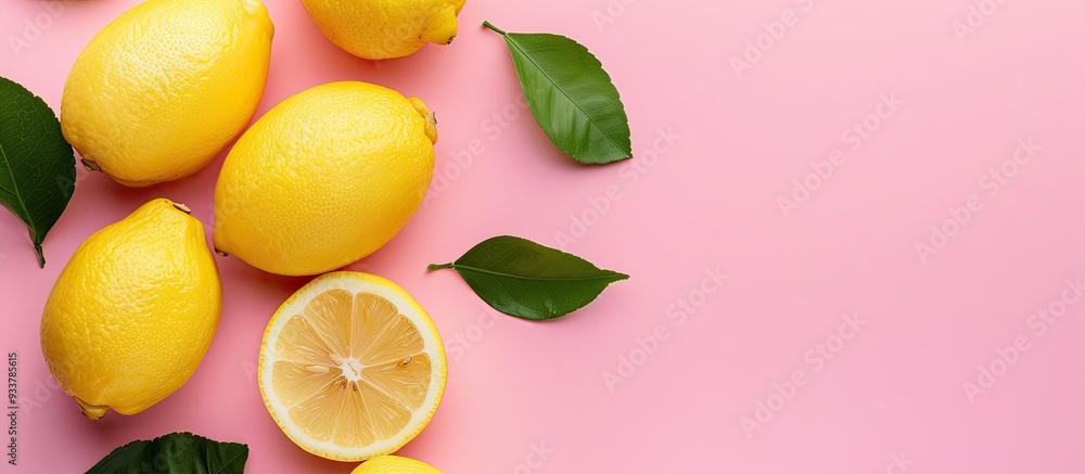Poster lemon arranged on a pink background in a creative layout for a flat lay, featuring a top view with c