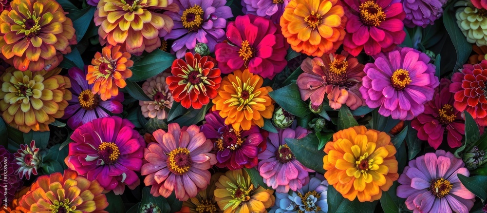 Poster the vibrant hues and varied patterns of zinnias create a captivating visual experience in a copy spa