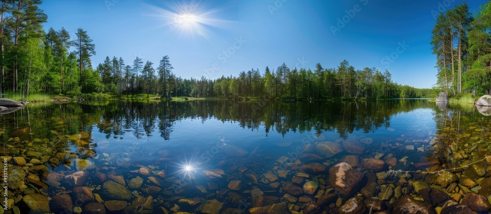 Poster forest lake under a clear blue sky with fisheye lens creating a unique perspective, perfect as a bac