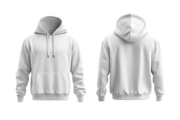 White hoodie template on transparent background showing front and back views, perfect for apparel design mockups and branding purposes.