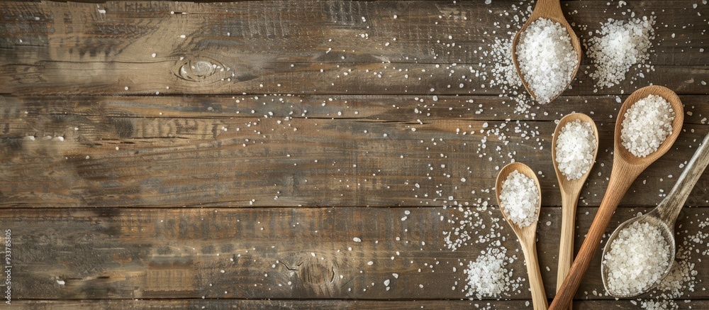 Poster light wooden table with spoons sprinkled with natural sea salt displayed in a flat lay style, offeri