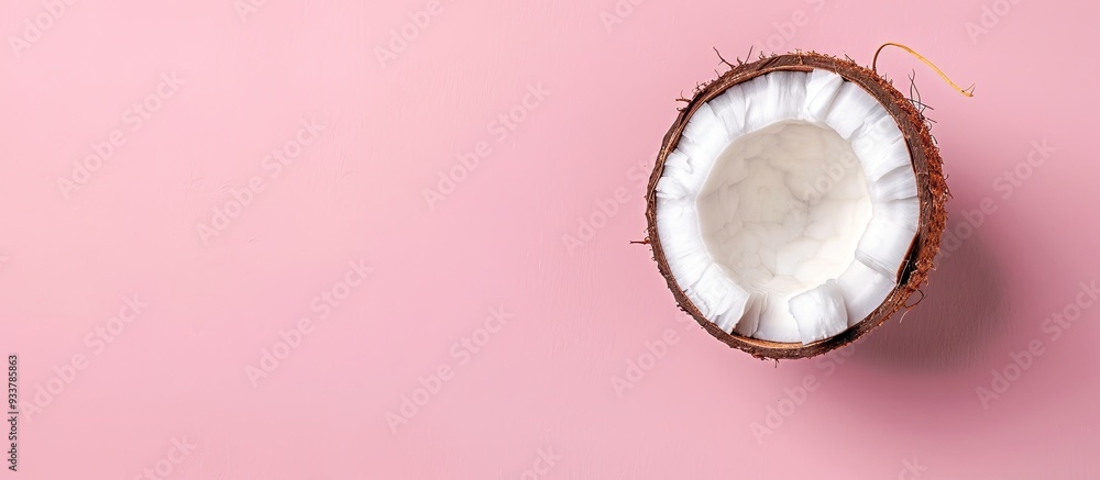 Poster top view of a fresh coconut half on a pink background with copy space image provided.
