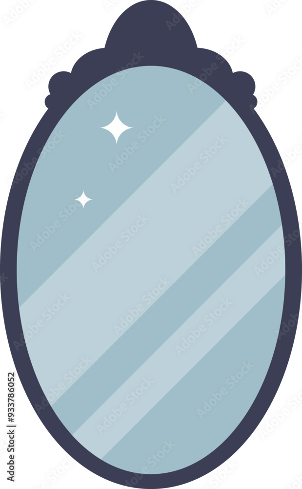 Poster illustration of a clean, oval mirror with a decorative frame and sparkling reflection, symbolizing s
