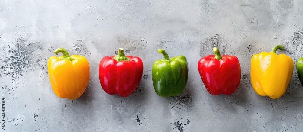 Poster tri-color sweet pepper slices arranged in a row on a plain backdrop with room for text or visuals - 