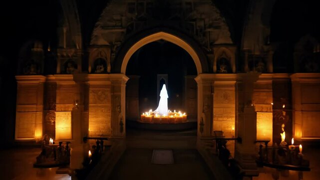 Ghostly figure surrounded by candles in an ancient, dimly lit, and eerie castle. Concept of paranormal presence, haunted architecture, ghost, and frightening atmosphere, Halloween