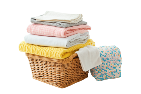 Stack of freshly folded laundry in a wicker basket with colorful clothes and diapers for household cleanliness and hygiene.