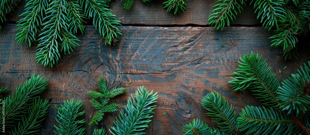 Poster view from above of fresh green spruce branches on a wooden walnut background with room for adding te
