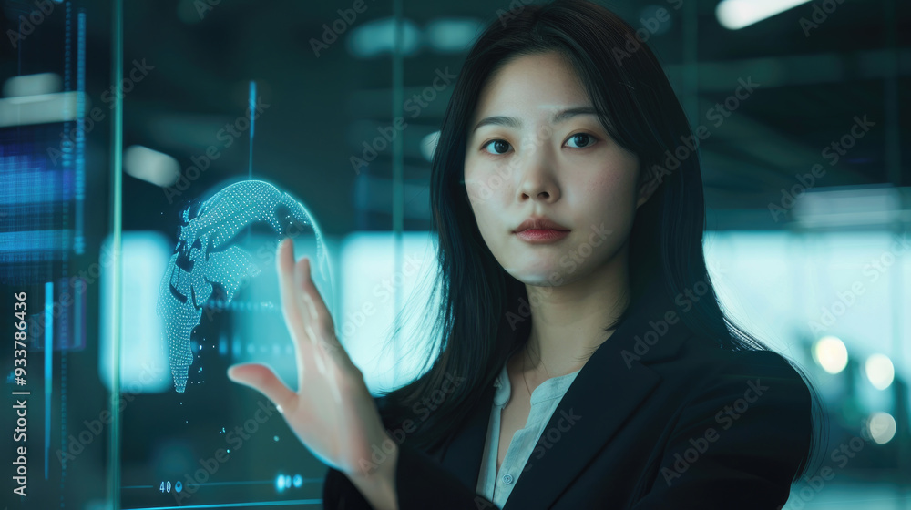 Poster a woman gestures towards a futuristic display, engaging with data visualizations in a contemporary w