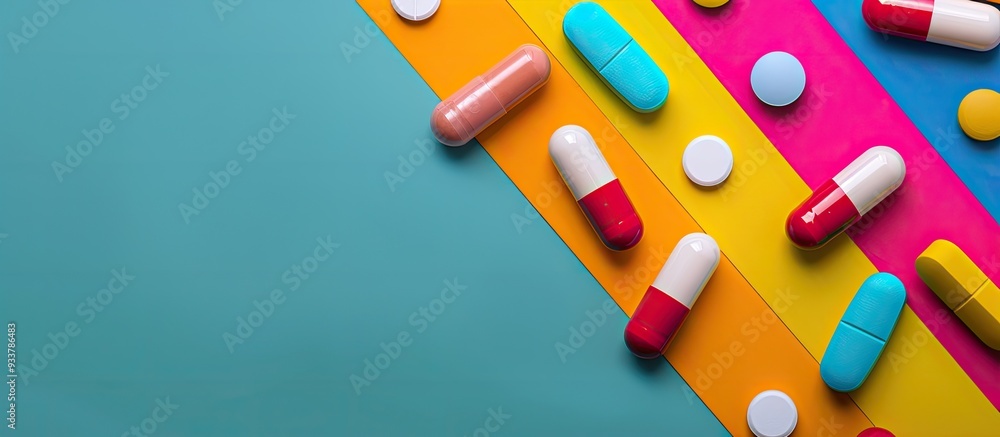 Poster medication pills and capsules arranged on a colorful backdrop with room for text next to them in the
