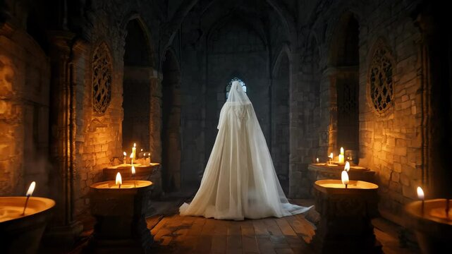 Ghostly figure surrounded by candles in an ancient, dimly lit, and eerie castle. Concept of paranormal presence, haunted architecture, ghost, and frightening atmosphere, Halloween