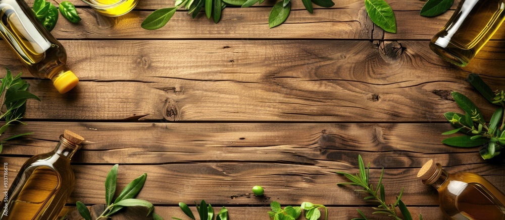 Poster wooden background with a frame of various products like olive oil, creating an inviting copy space i