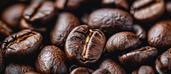 Fototapeta premium Selective focus on the center of a background of roasted coffee beans with copy space image.