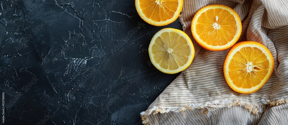 Poster minimalistic flat lay top view of lemon and mandarin slices on a dark background with a light-colore