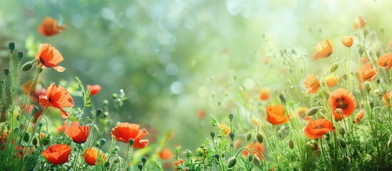 Vibrant poppies blooming in a lush meadow with copy space image.