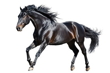Fototapeta premium Majestic black horse running with powerful stride. Shiny coat glistens under light, showcasing beauty and grace in motion.