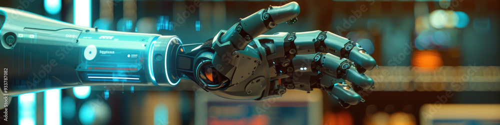 Poster a detailed robotic hand extending, demonstrating advanced engineering in a futuristic setting