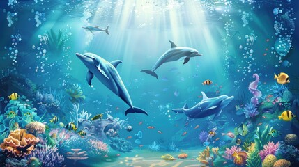 Fototapeta premium Dolphins and fish swimming in a coral reef.