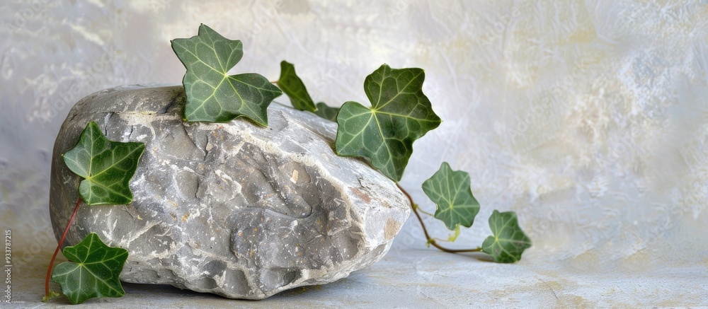 Poster nature's large rock with a green ivy leaf, creating a tranquil scene with copy space image.