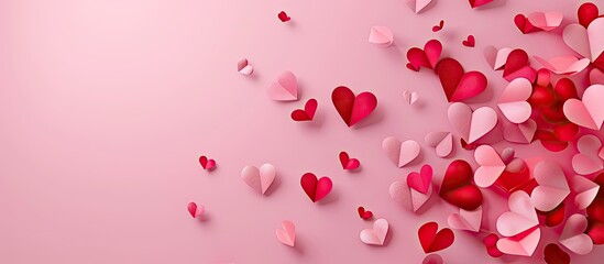 Valentine's Day design concept of paper hearts in red and pink colors flying on a soft pink backdrop with copy space image.