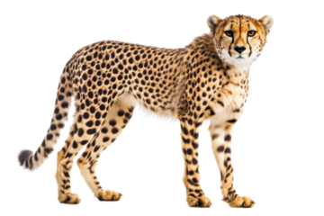 High-resolution image of a majestic cheetah standing and looking ahead, showcasing its beautiful spotted coat and lean build in a clear background.