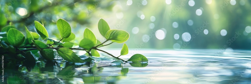 Wall mural Tranquil Green Leaves Floating on Water with Bokeh Background - A serene image depicting a single branch of green leaves gently resting on the surface of calm water. The background features a soft bok