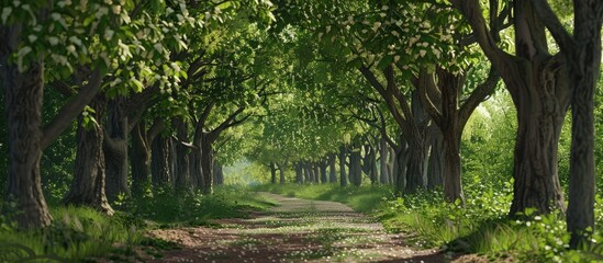 Spring gave life to lush green leaves in the Linden alley, creating a picturesque scene with a copy space image in the background.