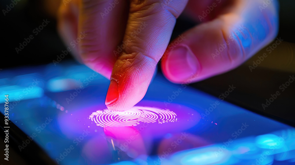 Poster a finger touches a vibrant fingerprint sensor on a smartphone screen, illustrating biometric authent
