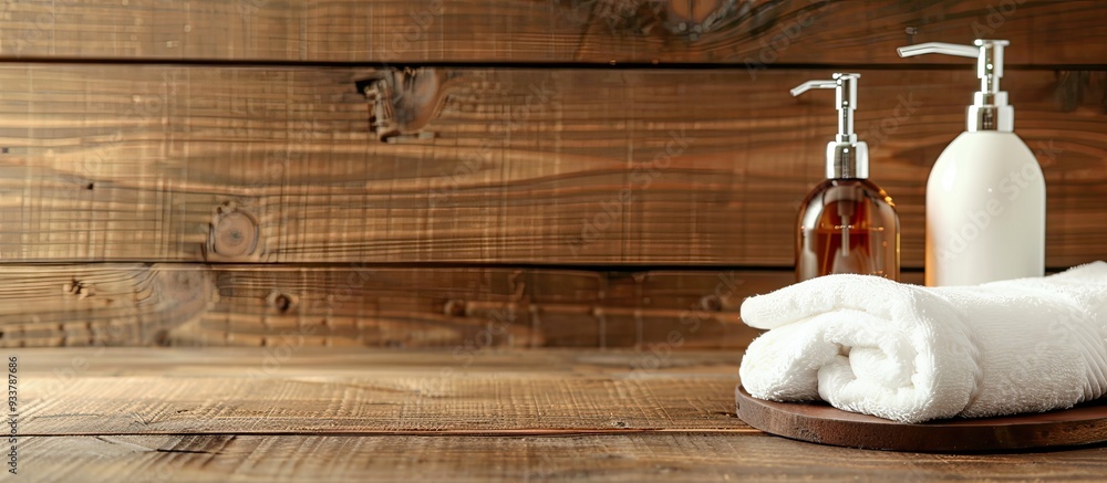 Poster on a wooden table, there is a soap dispenser and clean towels displayed, with room for text in the i