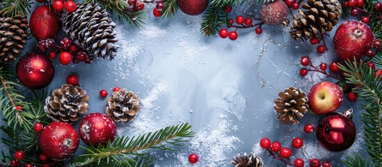 Top-down view of Christmas decorations including pine cones, Christmas tree twigs, and red berries and apples on snowy background with copy space image.