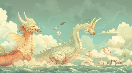 Obraz premium Dragons and sea creatures in whimsical fantasy scene.