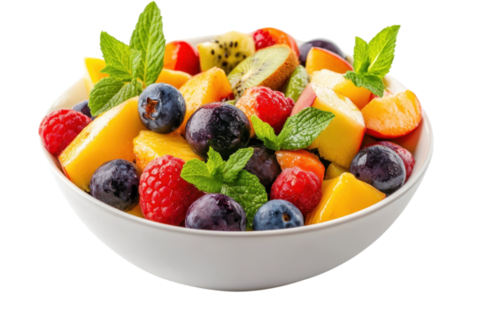 Fresh fruit salad with berries, kiwi, and peaches in a white bowl garnished with mint leaves, perfect for a healthy snack or breakfast.