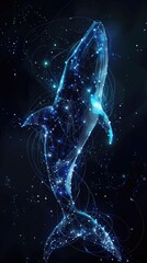 Digital illustration of a whale composed of glowing starry lines and points on a dark background. Concepts of marine life, technology, and constellations in digital art.