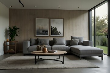 Fototapeta premium Modern and luxurious living room with a fireplace, sofa, and stylish furniture