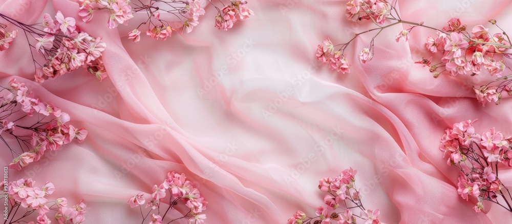 Poster top view mockup featuring dried pink fabalis flowers positioned on the left and right borders of a p