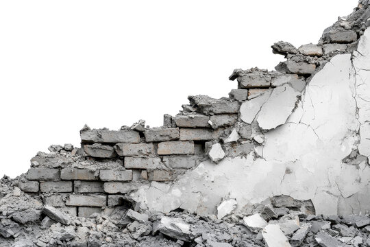 Crumbling brick wall partially destroyed with debris, showcasing decay and urban deterioration. Gray and white tones highlight the structural collapse.