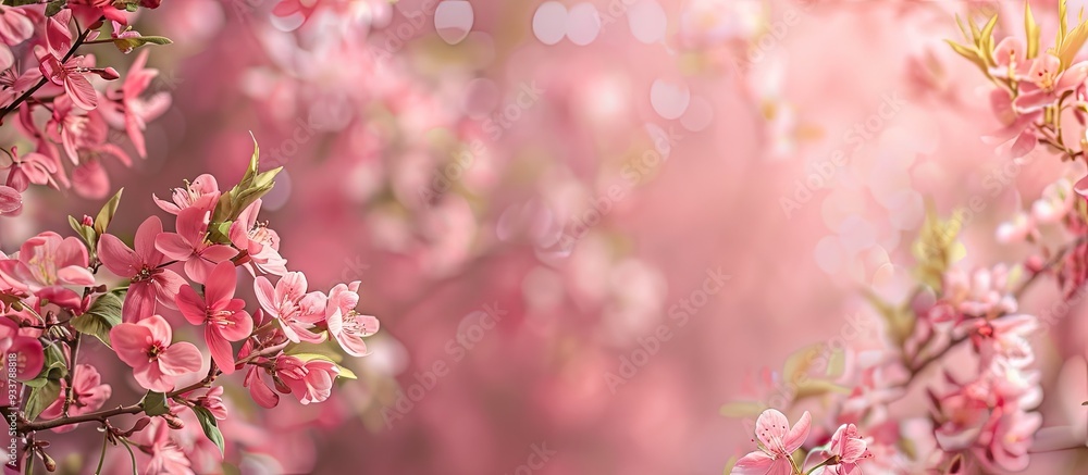 Poster pink background with blooming spring branches enclosed in a frame, creating a picturesque backdrop w