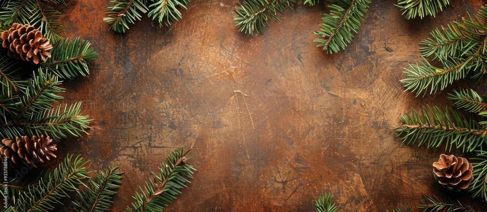 Poster rustic background with fir branches lining the edges, suitable for a christmas backdrop with copy sp