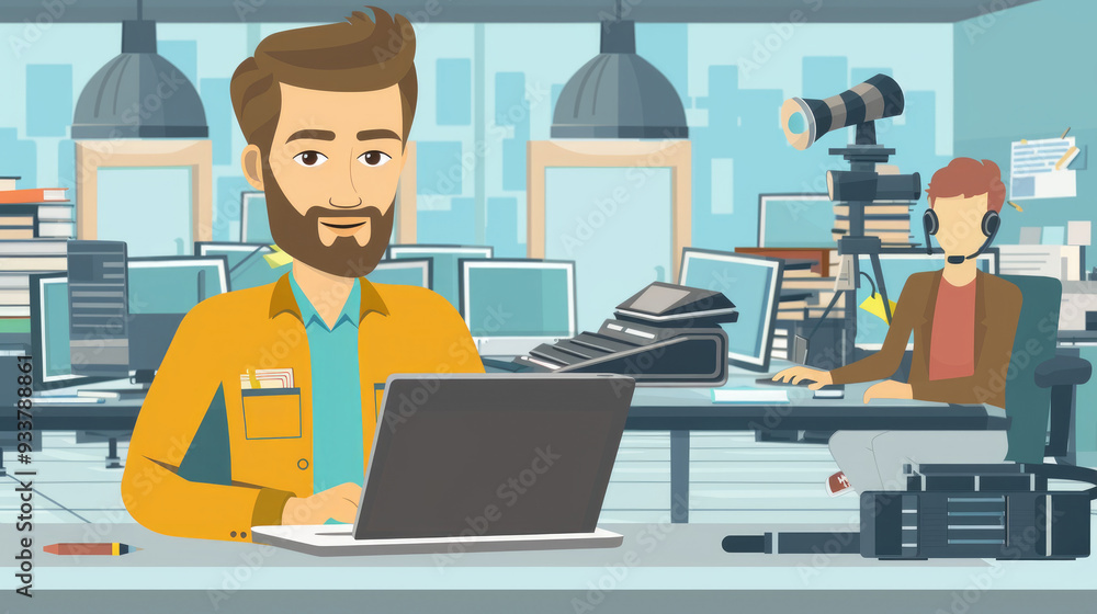 Poster a man with a beard focuses on his laptop in a busy office as a coworker handles a camera setup