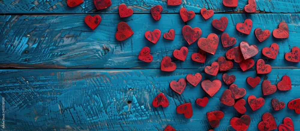 Poster valentine's day concept with numerous hearts on a wooden blue backdrop creating a flat lay compositi