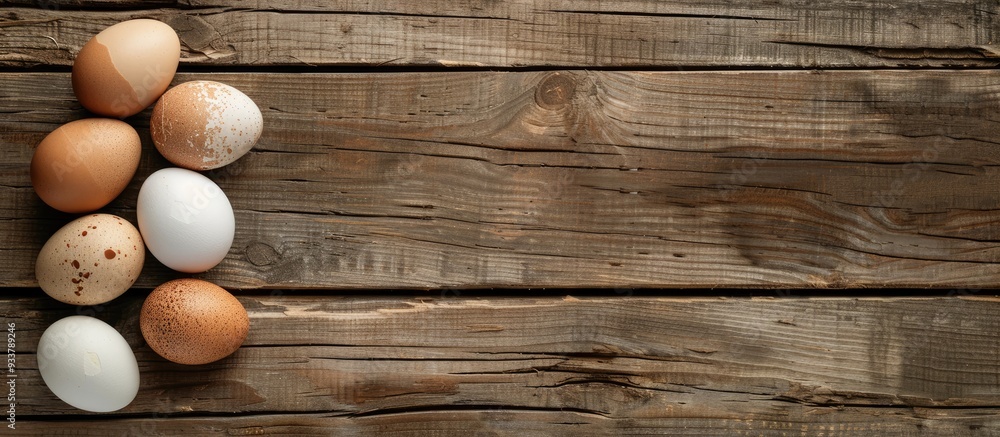 Poster top-down image of eggs on a wooden table with a background suitable for text placement. image with c