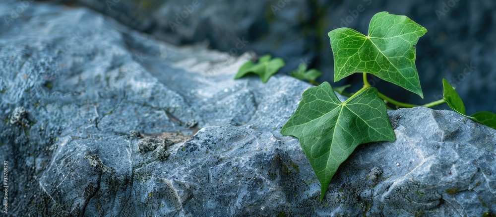 Poster nature's large rock with a green ivy leaf, creating a tranquil scene with copy space image.