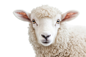 Close-up of a white sheep with curly wool and alert expression. Perfect for agricultural, natural, and pastoral themed projects.